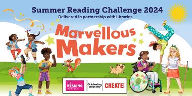Summer Reading Challenge 2024 Delivered in partnership with libraries. Marvellous Makers. The Reading Agency, Celebrating Creativity, and Create logos