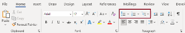 Screenshot showing the bullets, numbering and multilevel List buttons in the ‘Paragraph’ section of the ‘Home’ menu in the Microsoft Word desktop app’