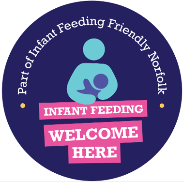 Logo/sticker reading 'Part of Infant Feeding Friendly Norfolk. Infant feeding welcome here'