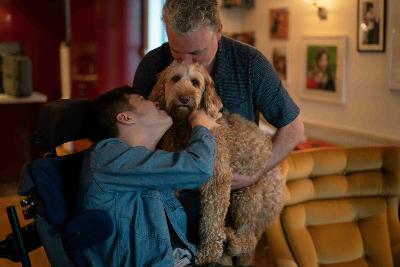 Child in wheelchair with dog and adult