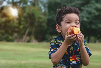 Young boy eating an apple in the park