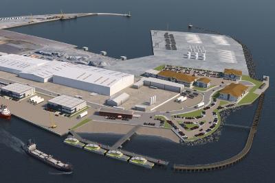 Visualisation of new Operations and Maintenance Campus shows a harbour structure with buildings