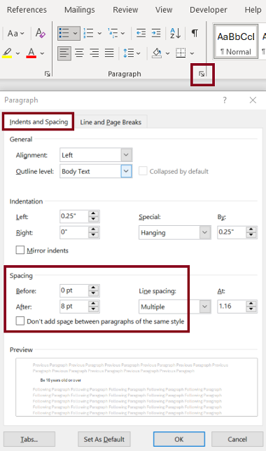 Screenshot of the Word paragraph settings tool described in the instructions on how to create spacing between list items